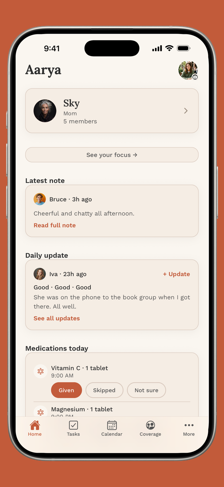The FairNest home screen showing today’s medications, the latest note and a daily update