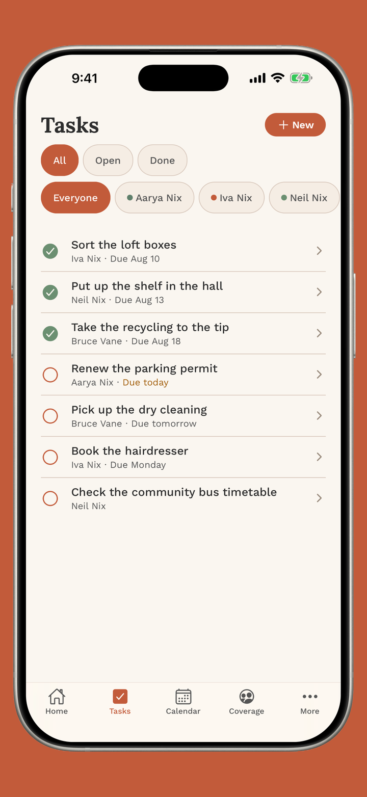 A shared task list with assignees and due dates